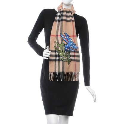 Burberry Cashmere Embroidered Oscar Giant Check Fringe Scarf Camel 2 of 7