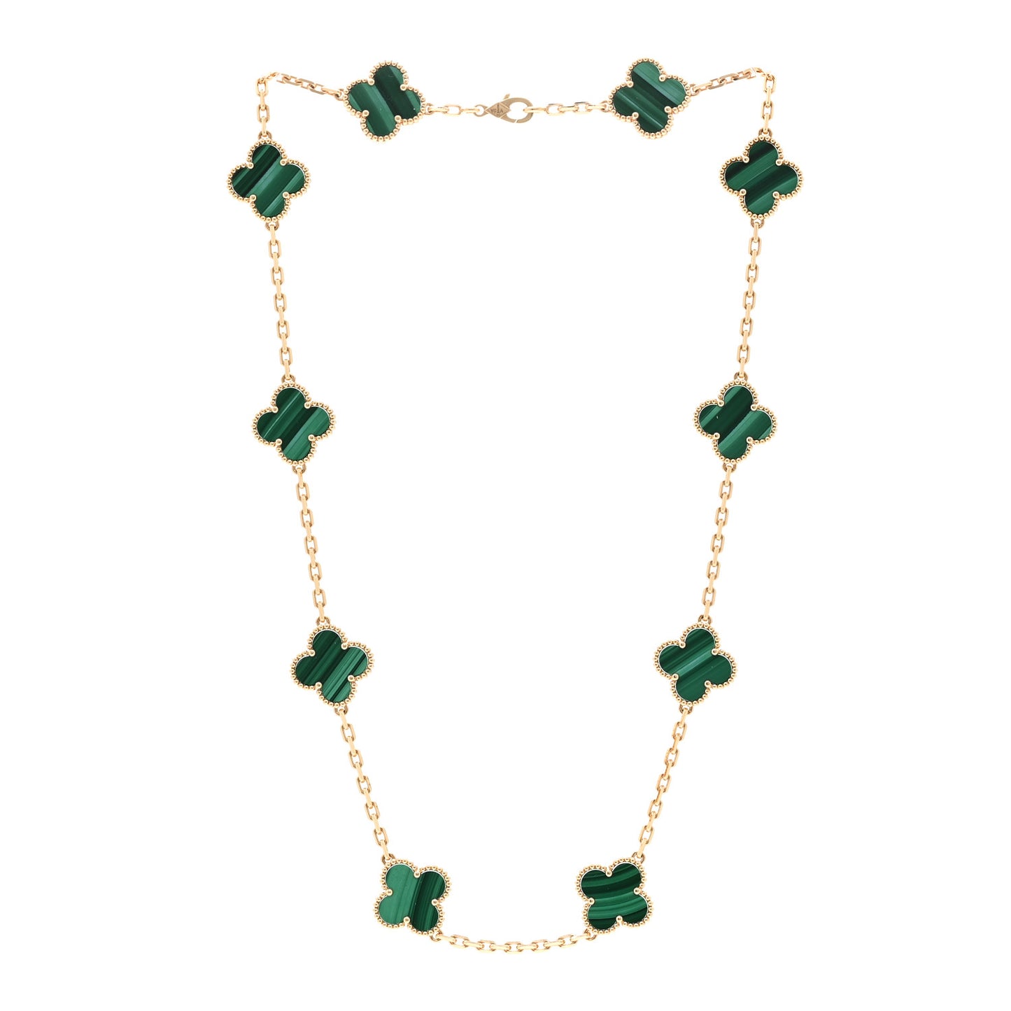 18K Yellow Gold Malachite 10 Motifs Vintage Alhambra Necklace