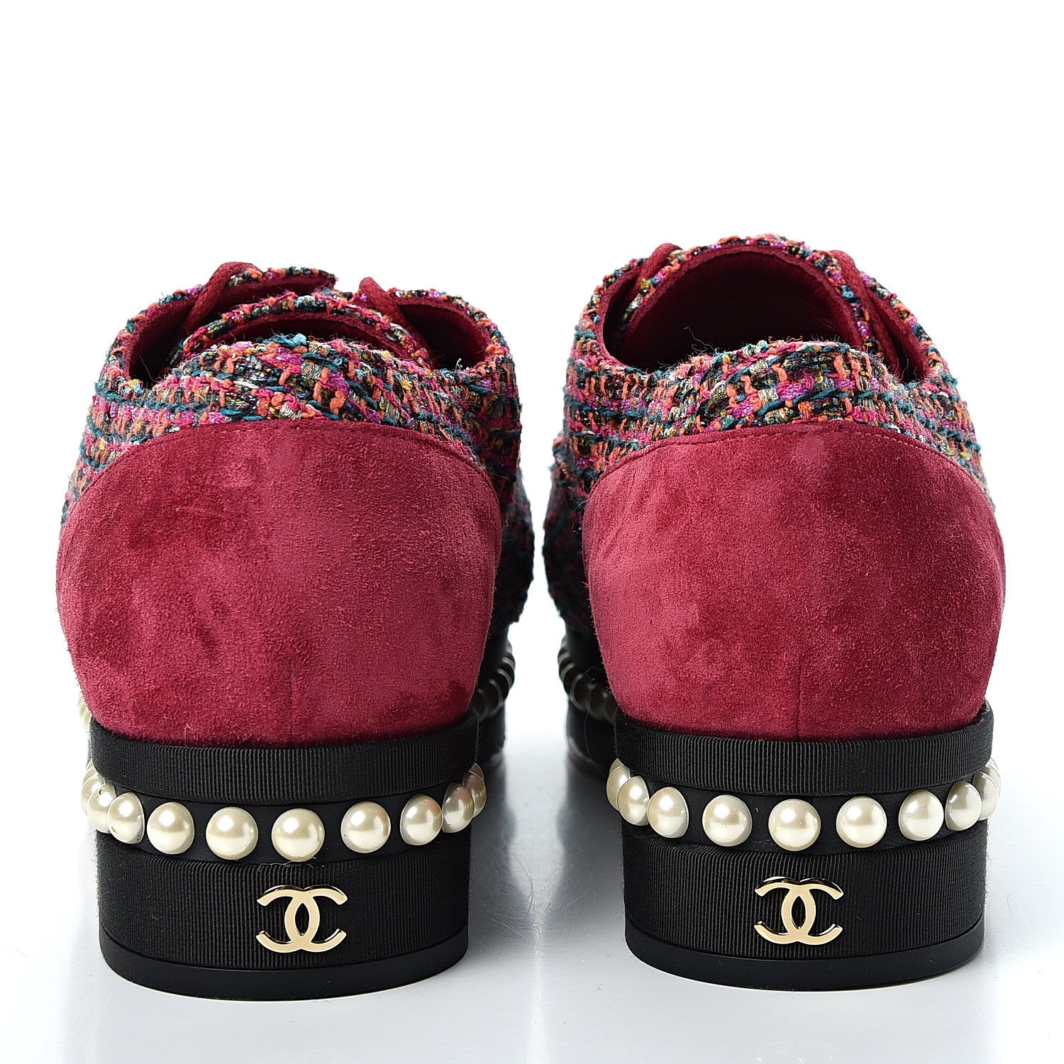 Chanel Tweed Calfskin Pearl Lace Up Sneakers 38.5 Fuchsia Orange Green Red 5 of 9