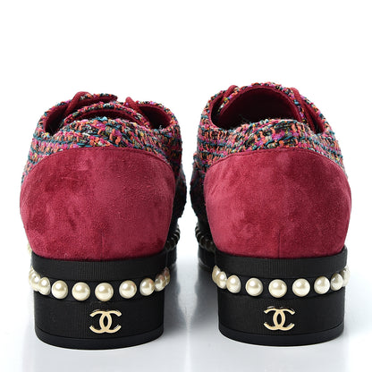 Chanel Tweed Calfskin Pearl Lace Up Sneakers 38.5 Fuchsia Orange Green Red 5 of 9