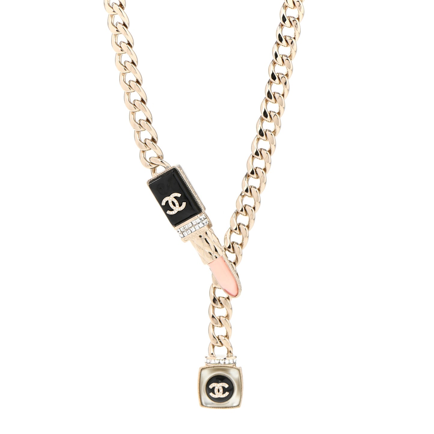 Metal Strass Pearl Lipstick Necklace Pink Gold
