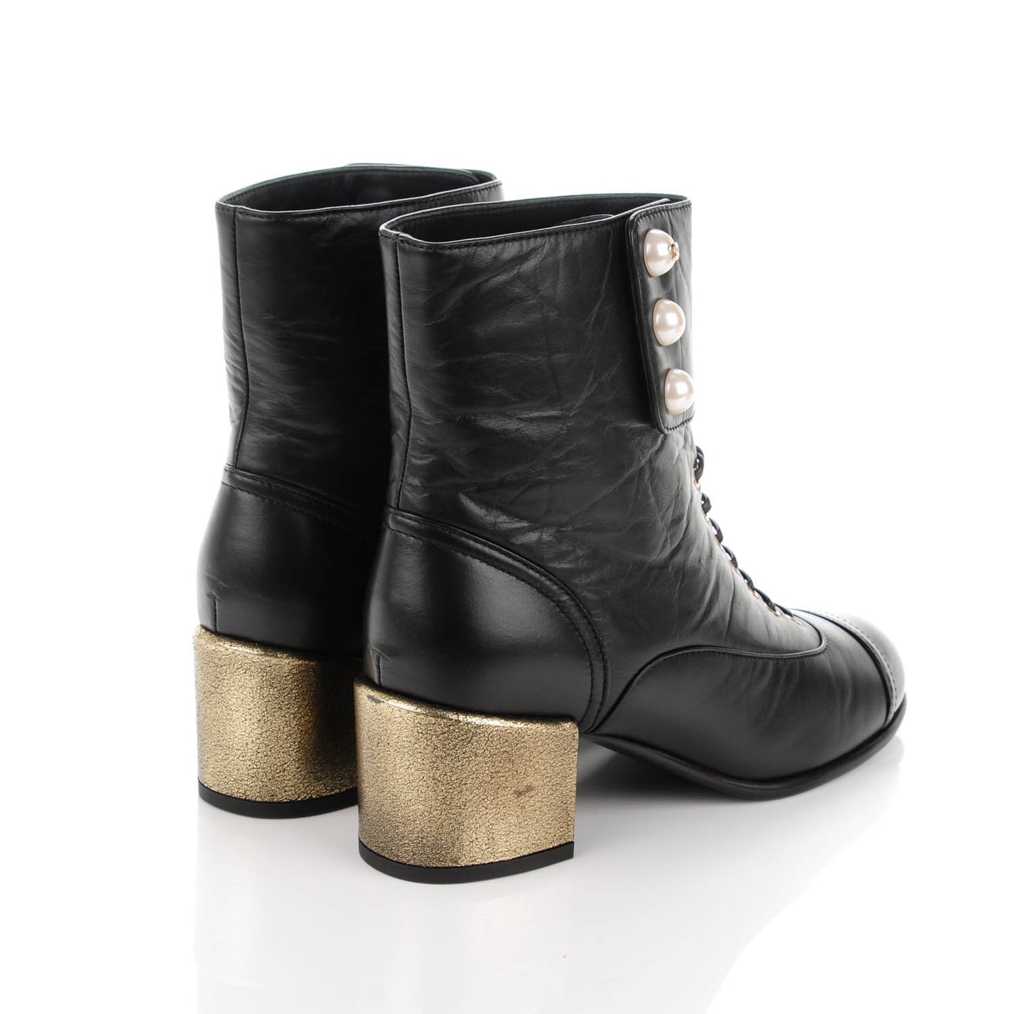Calfskin Patent Pearl Short Boots 36 Black Gold
