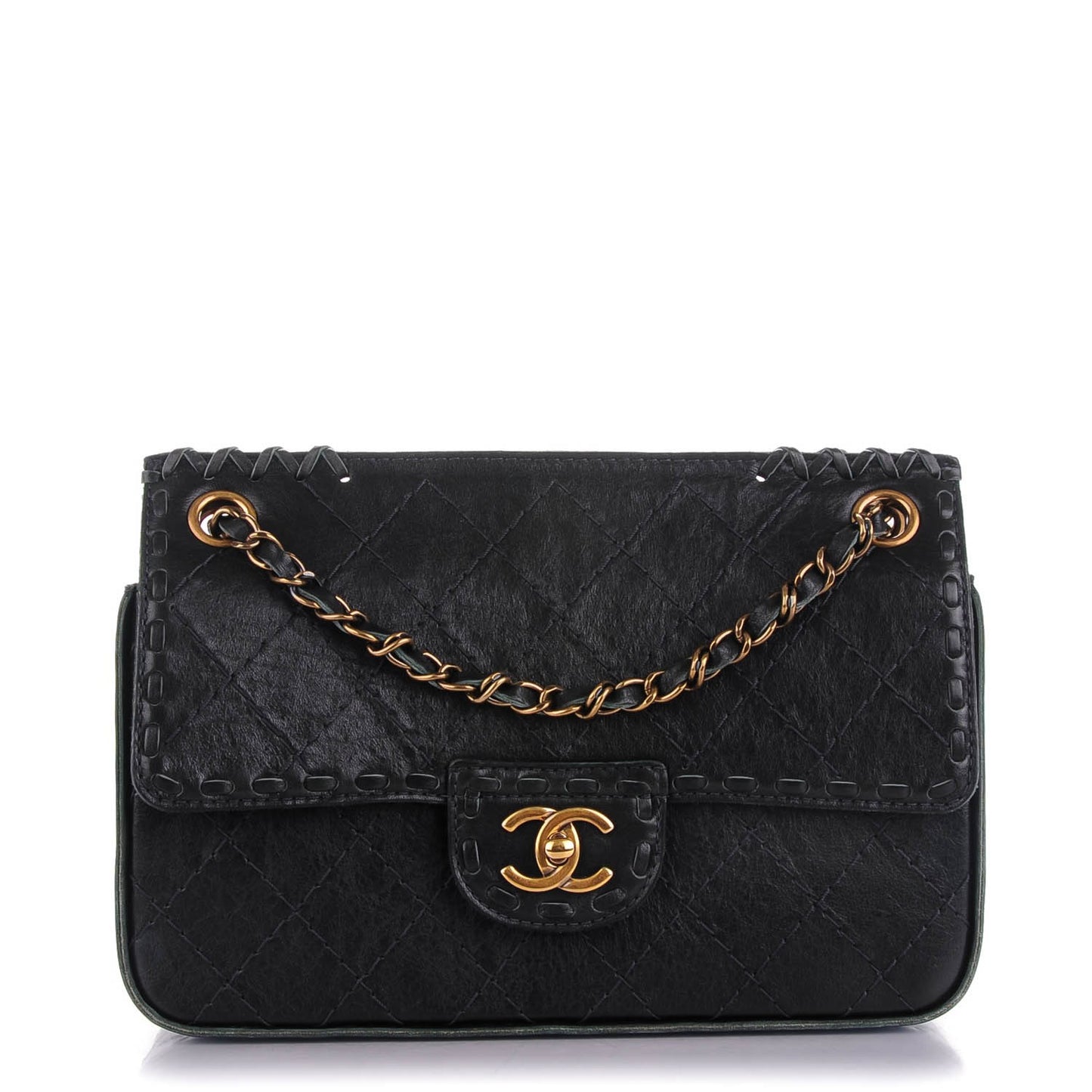 Calfskin Stitched Medium Vintage Flap Dark Green