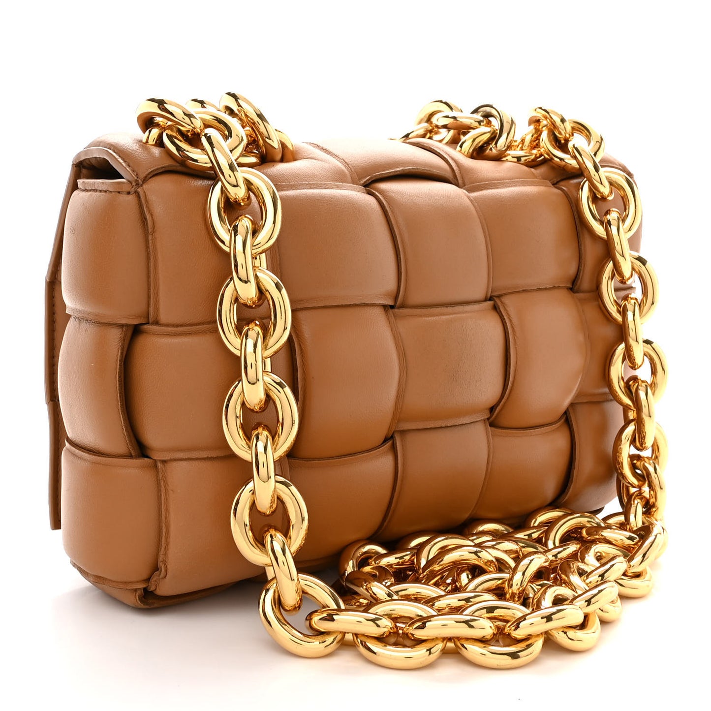 Lambskin Maxi Intreccio Padded Chain Cassette Crossbody Bag Caramel