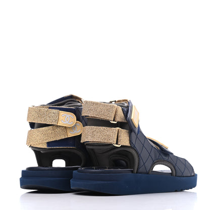 Chanel Goatskin Fabric Gladiator Sandals 36 Navy Blue Light Grey Yellow 4 of 16