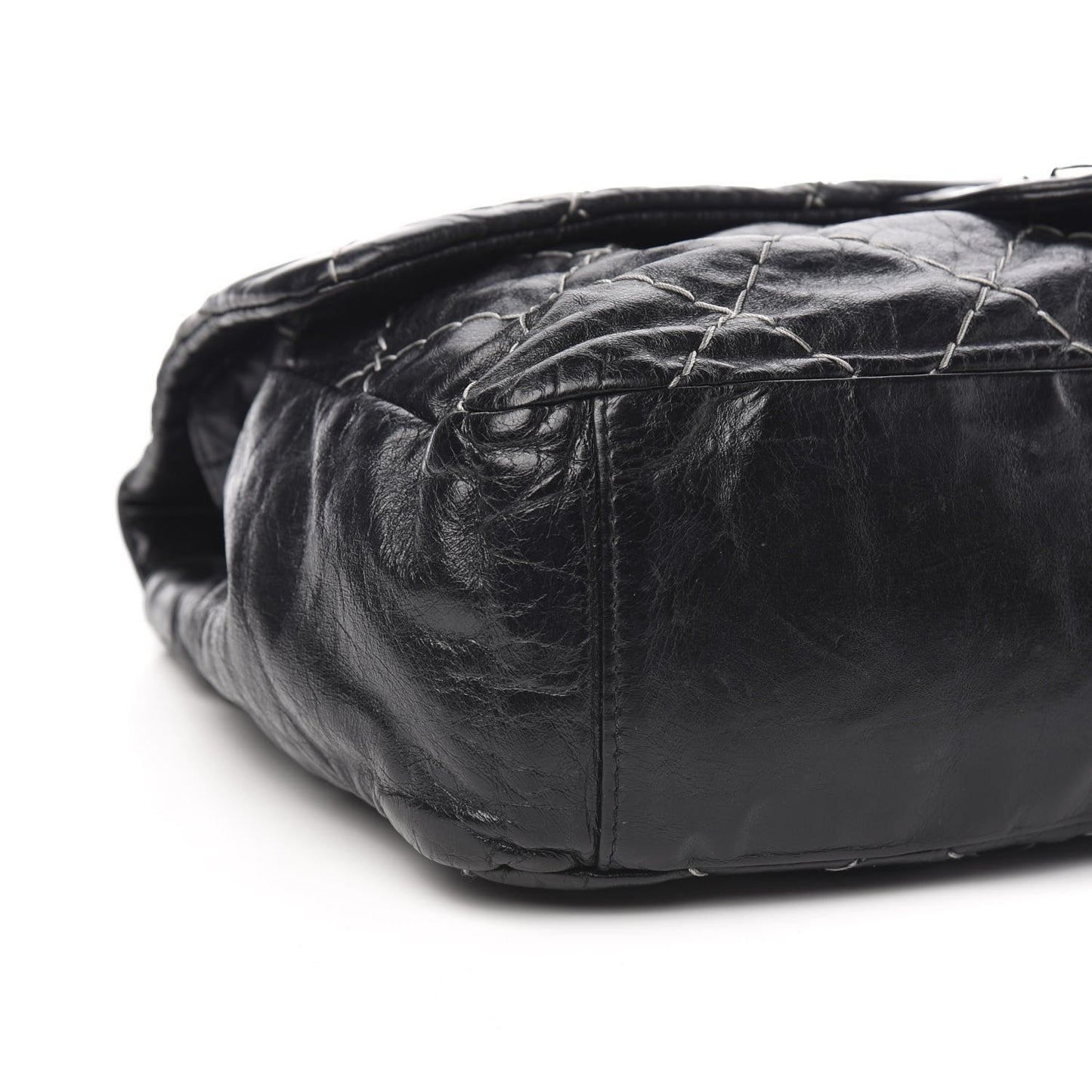 Glazed Goatskin Double Contrast Stitch Flap Black