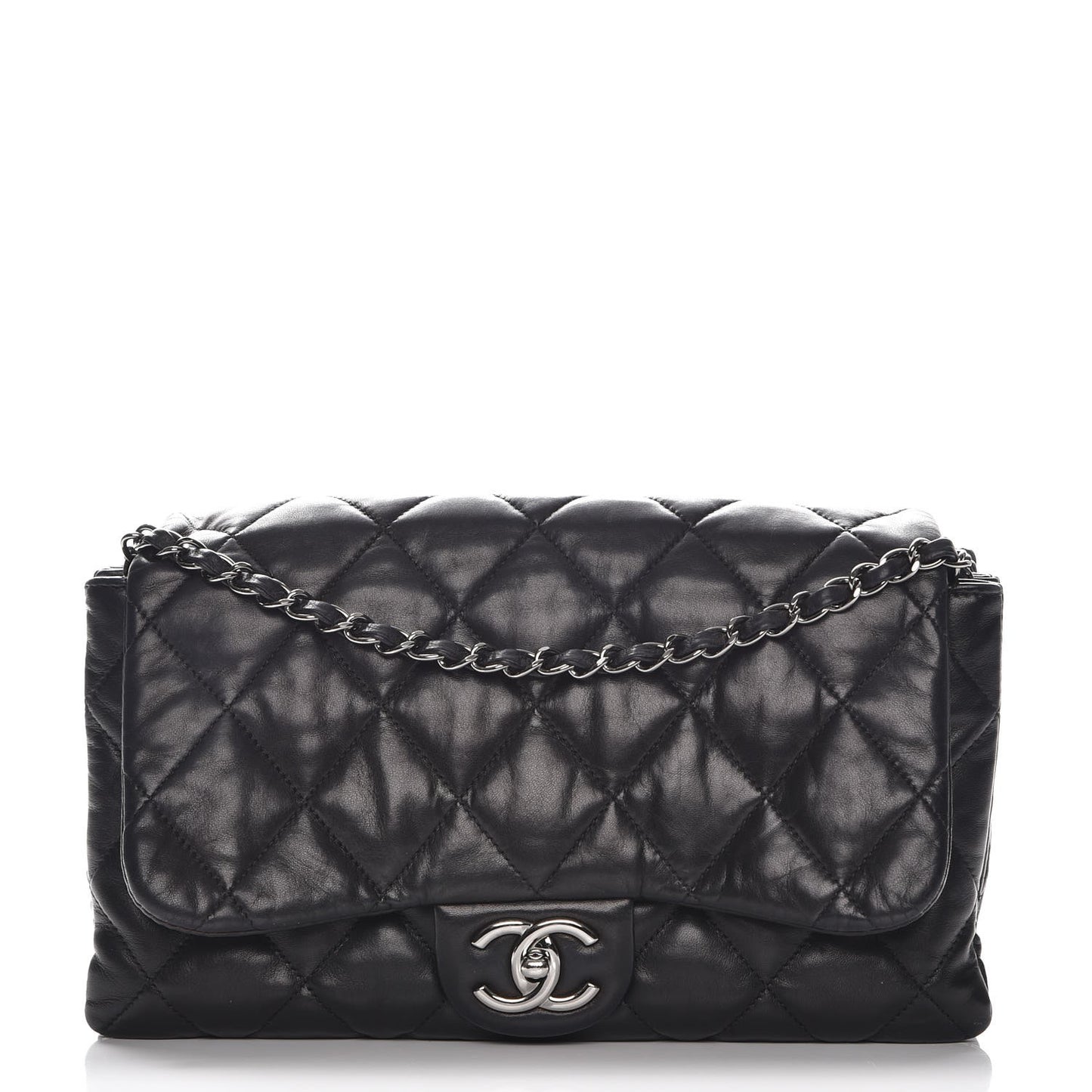 Lambskin Quilted 3 Accordion Flap Bag Black