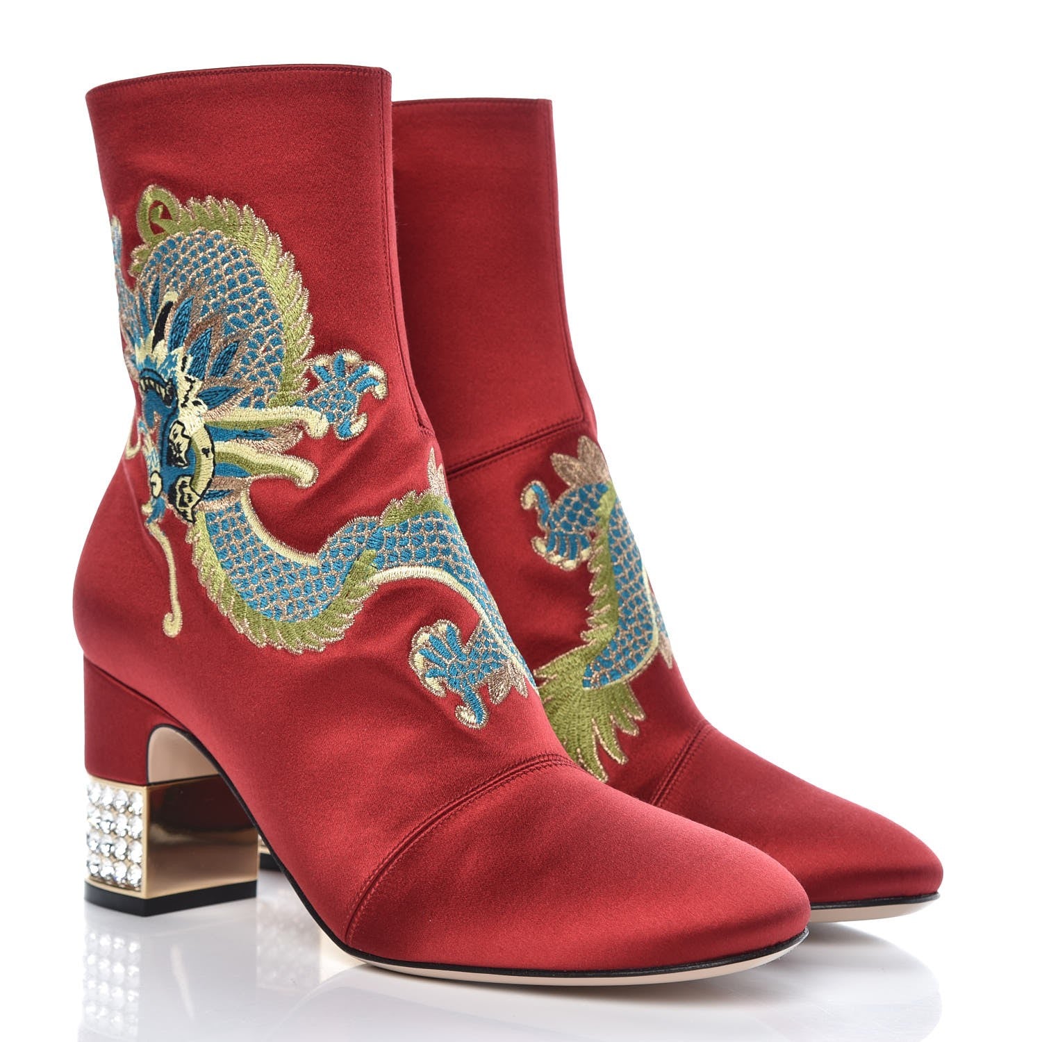 Gucci Silk Satin Malaga Kid Embroidered Candy Dragon Block-Heel Ankle Boot 36.5 Red 4 of 11