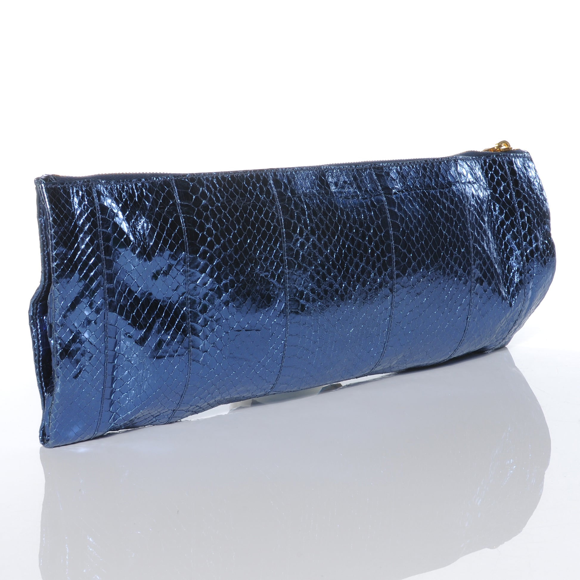 Prada Metallic Snakeskin Jeweled Clutch Denim 4 of 8