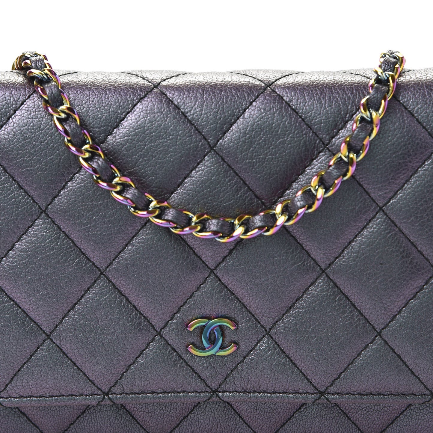 Iridescent Goatskin Quilted Wallet On Chain WOC Purple