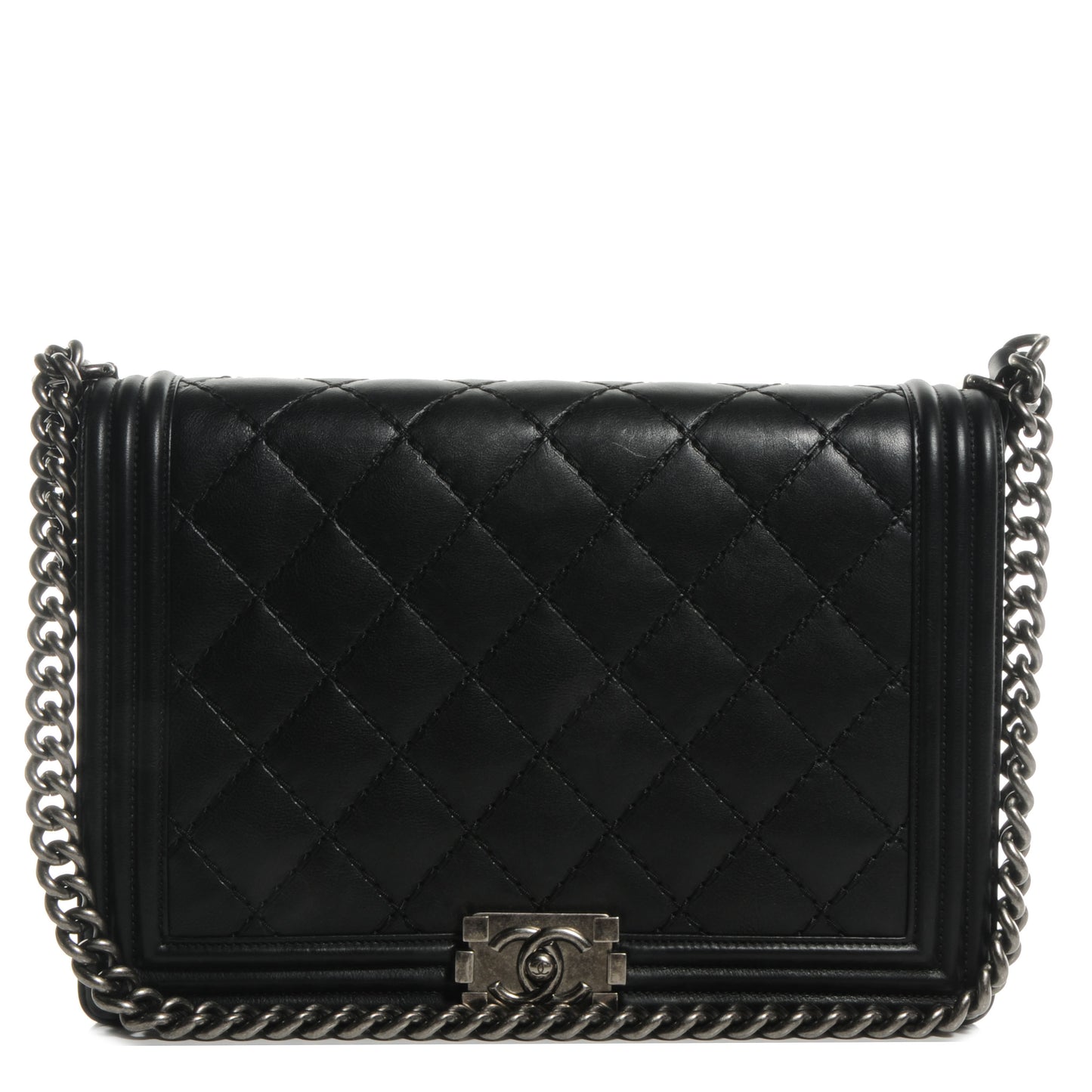 Calfskin Quilted Large Boy Flap Black