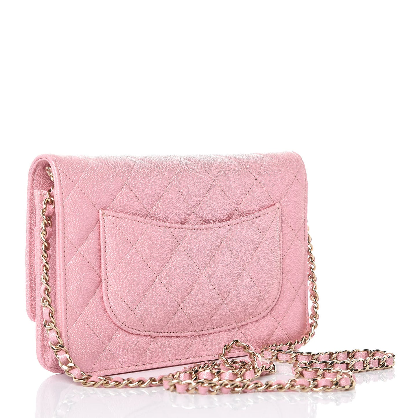 Iridescent Caviar Quilted Wallet on Chain WOC Rose Pink