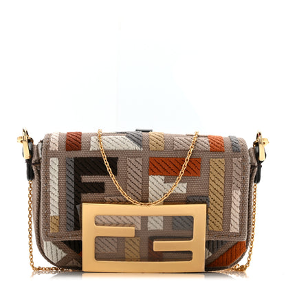 Fendi Canvas Vitello King FF Embroidered Nano Maxi Buckle Baguette Charm Tartufo Ebano 1 of 12