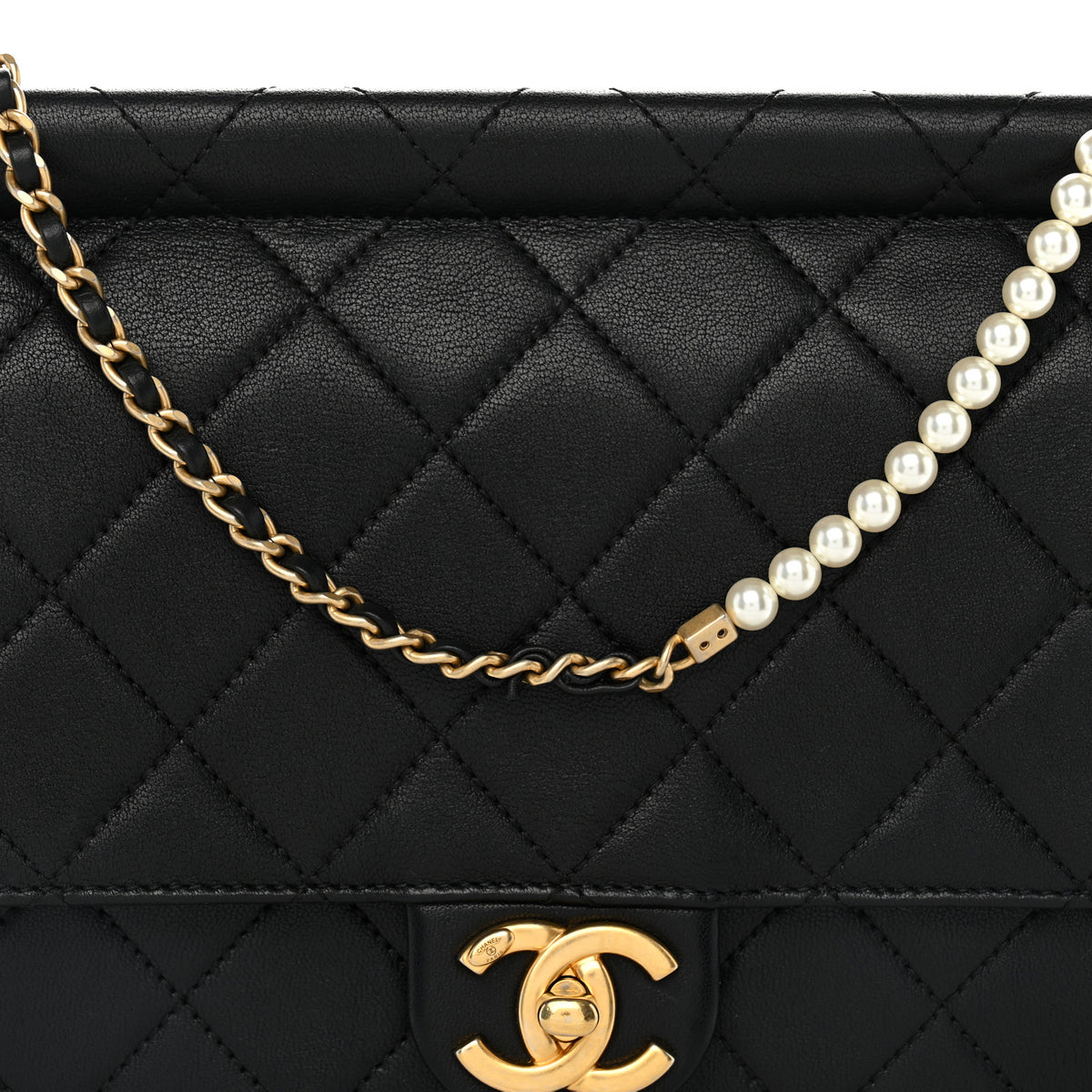 Lambskin Quilted Large Pearl Chain Flap Bag Black