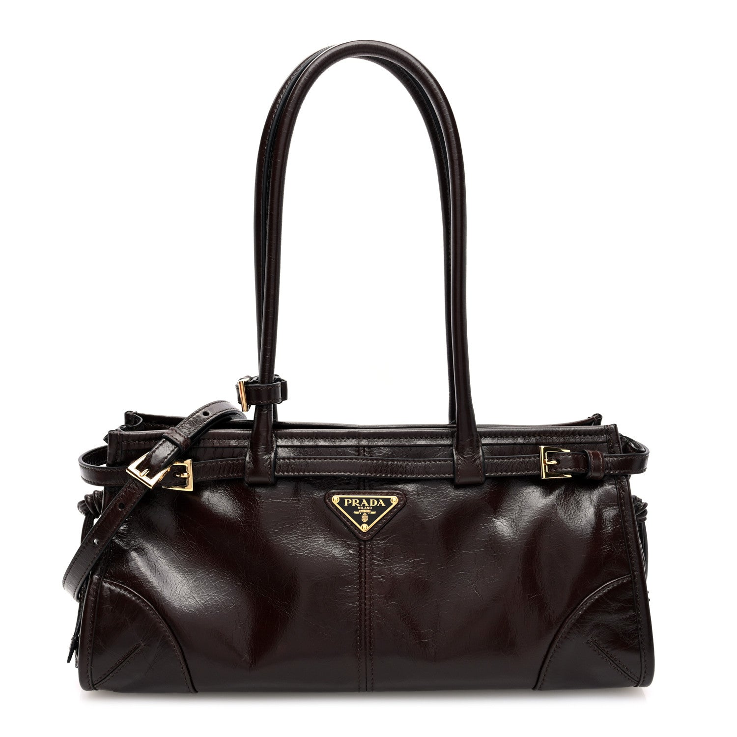 Prada Glossy Calfskin Triangle Medium Bonnie Shoulder Bag Dark Brown 1 of 9