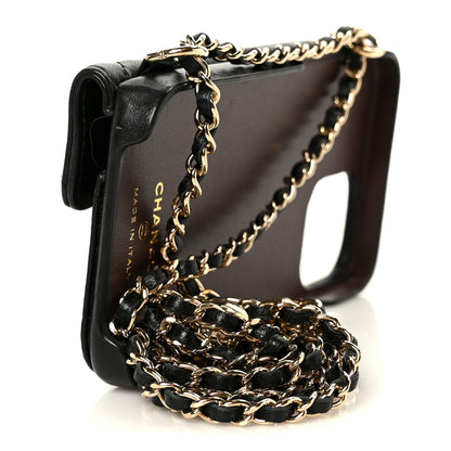 Chanel Lambskin Quilted Pearl Crush iPhone XII Pro Holder With Chain Black 3 of 11