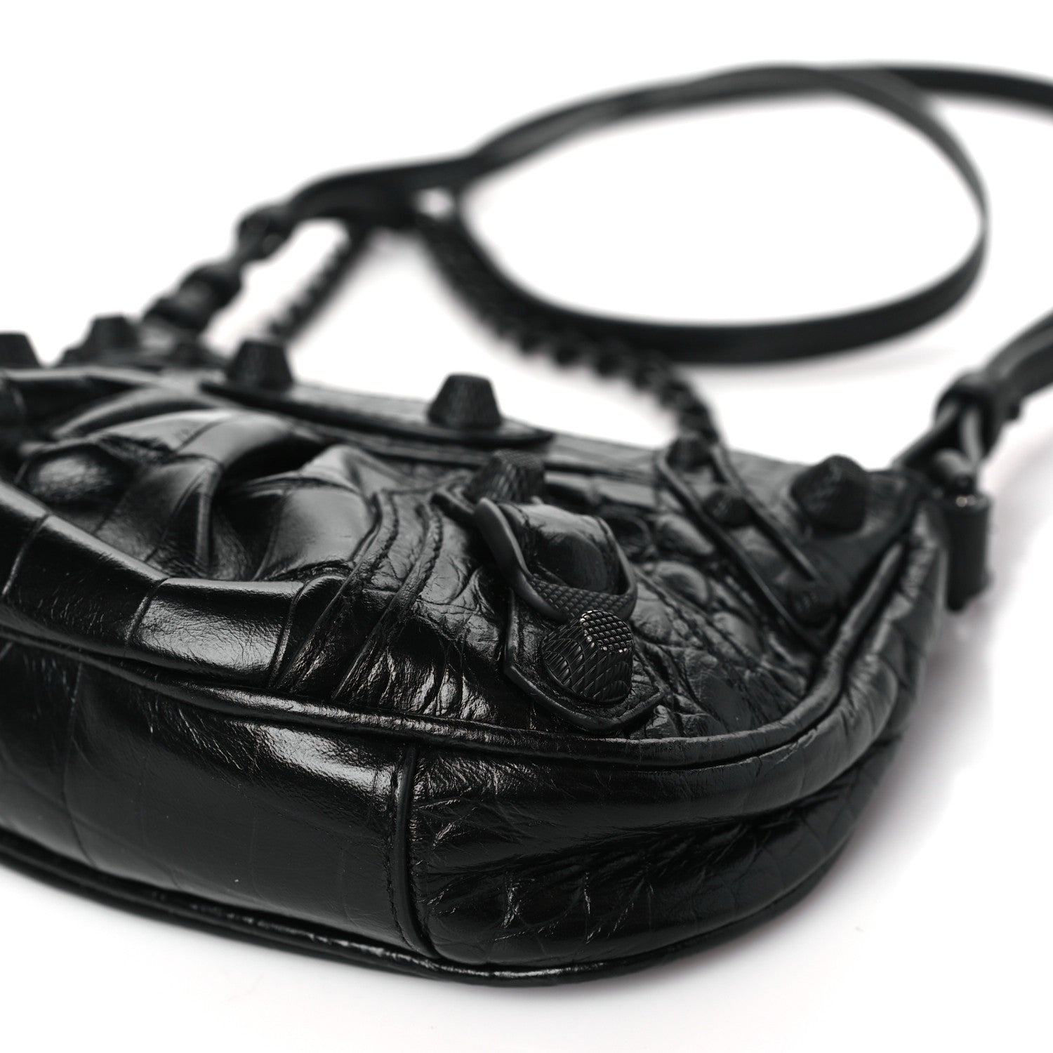 Balenciaga Extra Supple Calfskin Crystal Crocodile Embossed Le Cagole Mini Purse With Chain Black 10 of 11