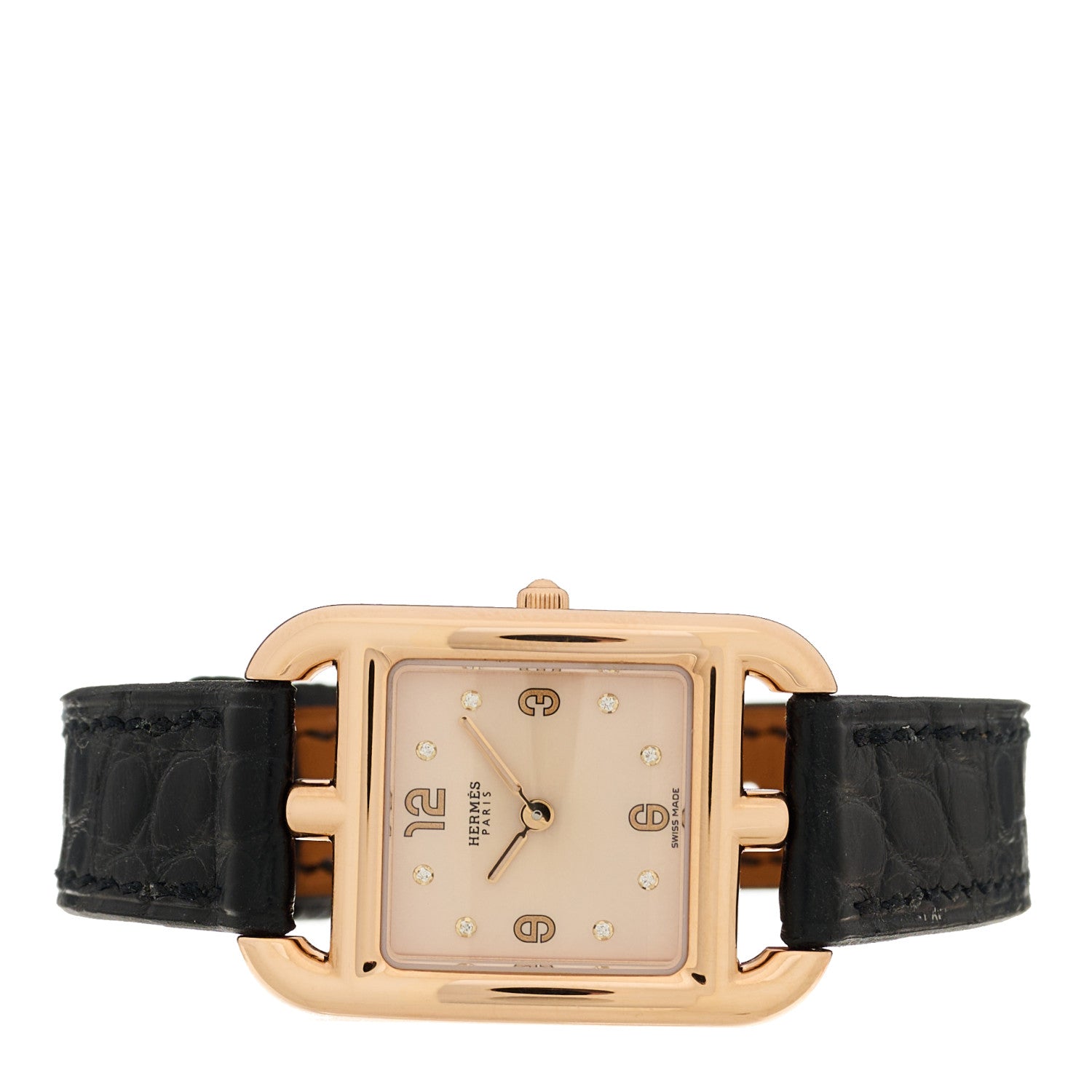 Hermes 18K Rose Gold Alligator Diamond 23mm Cape Cod Quartz Watch Noir 2 of 5