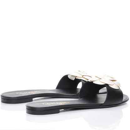 Chanel Lambskin Camellia Sandals 39.5 Black White 4 of 8