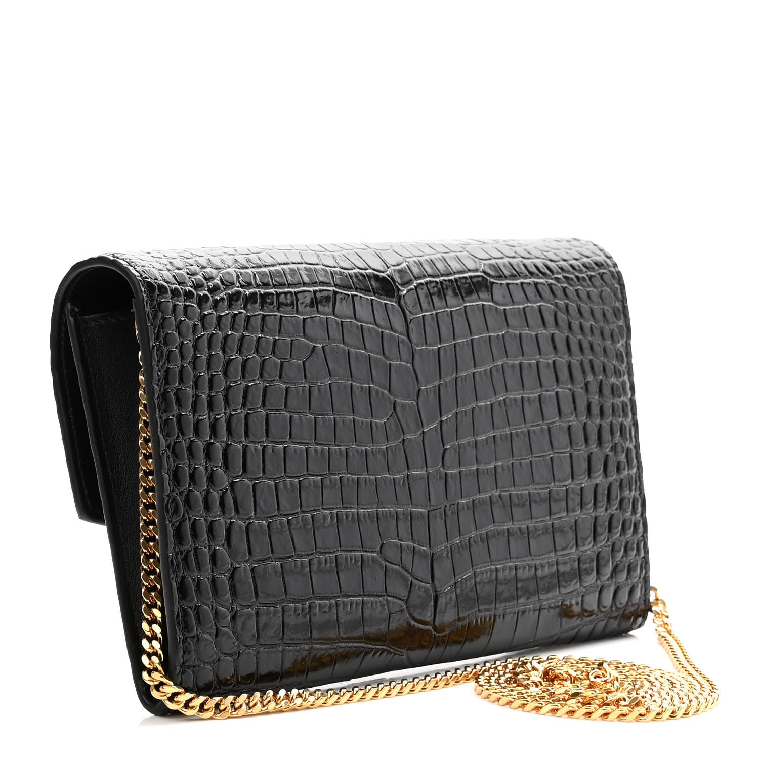Saint Laurent Calfskin Crocodile Embossed Monogram Uptown Chain Wallet Black 4 of 12