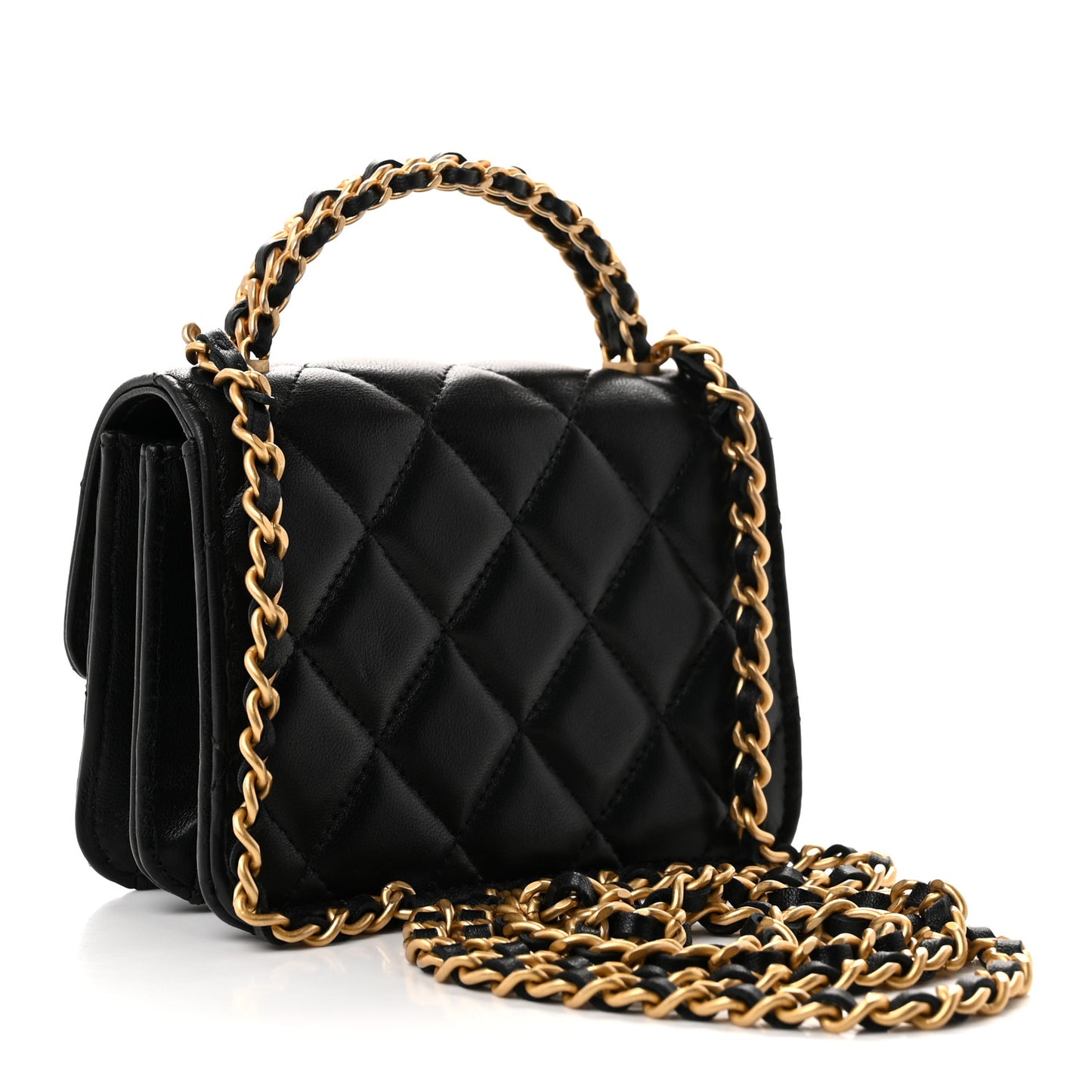 Lambskin Quilted Mini Metal Top Handle Flap Clutch With Chain  Black