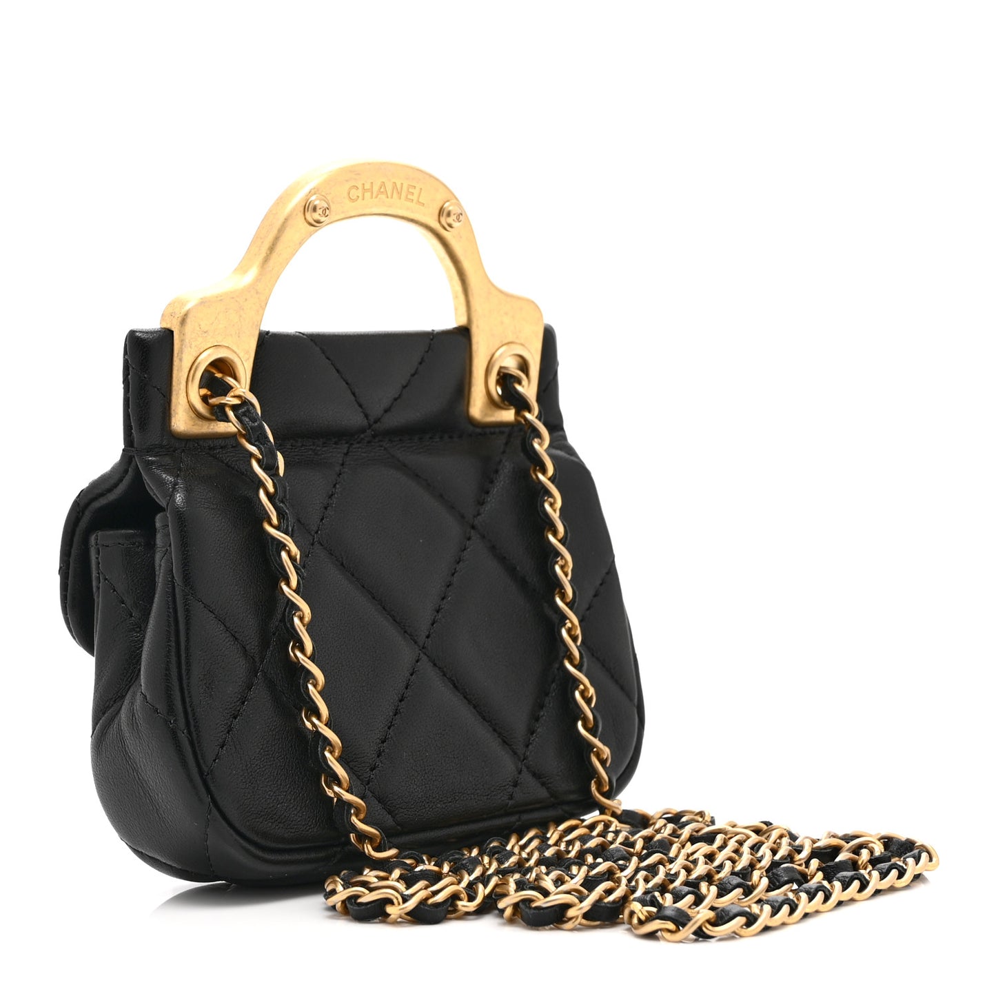 Calfskin Quilted Lady Handle Flap Card Holder With Chain Black