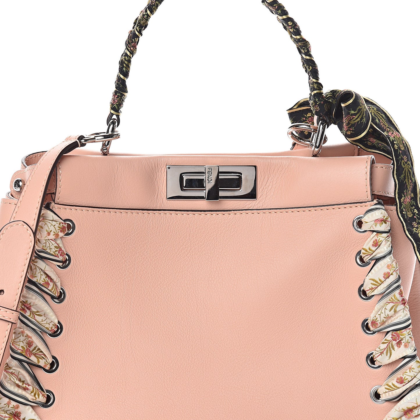 Vitello Seta Shiny Nappa Ribbon Lace Up Floral Medium Peekaboo Iconic Satchel Baby Pink Multicolor