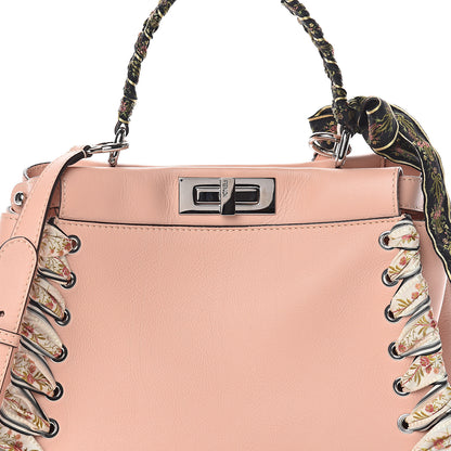 Fendi Vitello Seta Shiny Nappa Ribbon Lace Up Floral Medium Peekaboo Iconic Satchel Baby Pink Multicolor 6 of 8