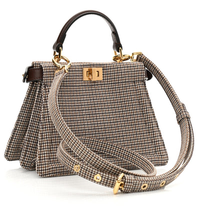 Fendi Wool Fabric Jacquard Cuoio Small Houndstooth FF 1974 Petite Peekaboo I SEE U Satchel Beige Tobacco Moro 3 of 10