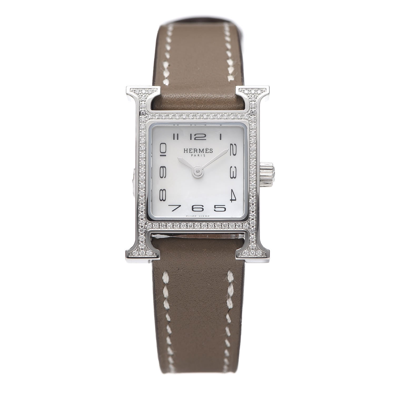Hermes Stainless Steel Swift Diamond Bezel Mother of Pearl 17.2mm Heure H Hour Quartz Watch Etoupe 1 of 7
