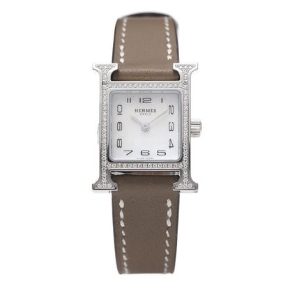 Hermes Stainless Steel Swift Diamond Bezel Mother of Pearl 17.2mm Heure H Hour Quartz Watch Etoupe 1 of 7