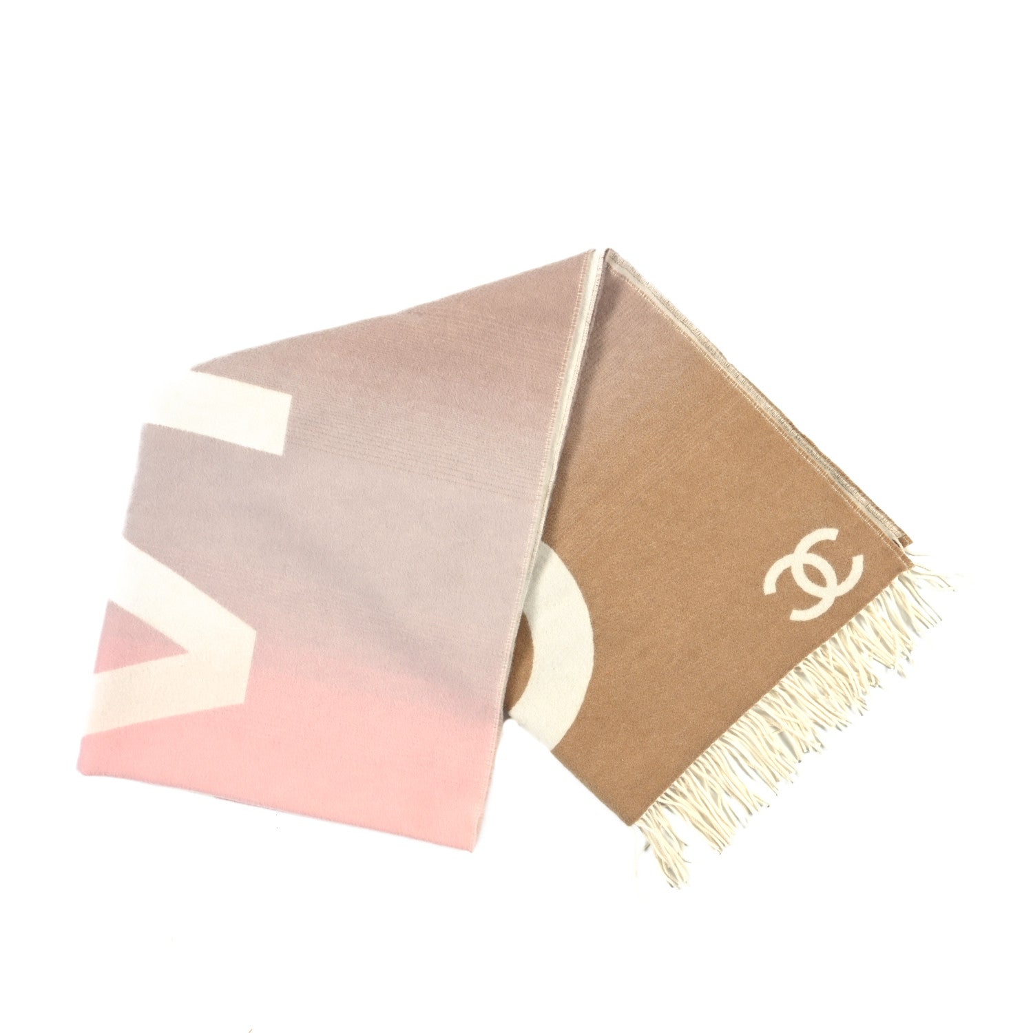 Chanel Cashmere CC Fringe Stole Pink Beige White 2 of 3