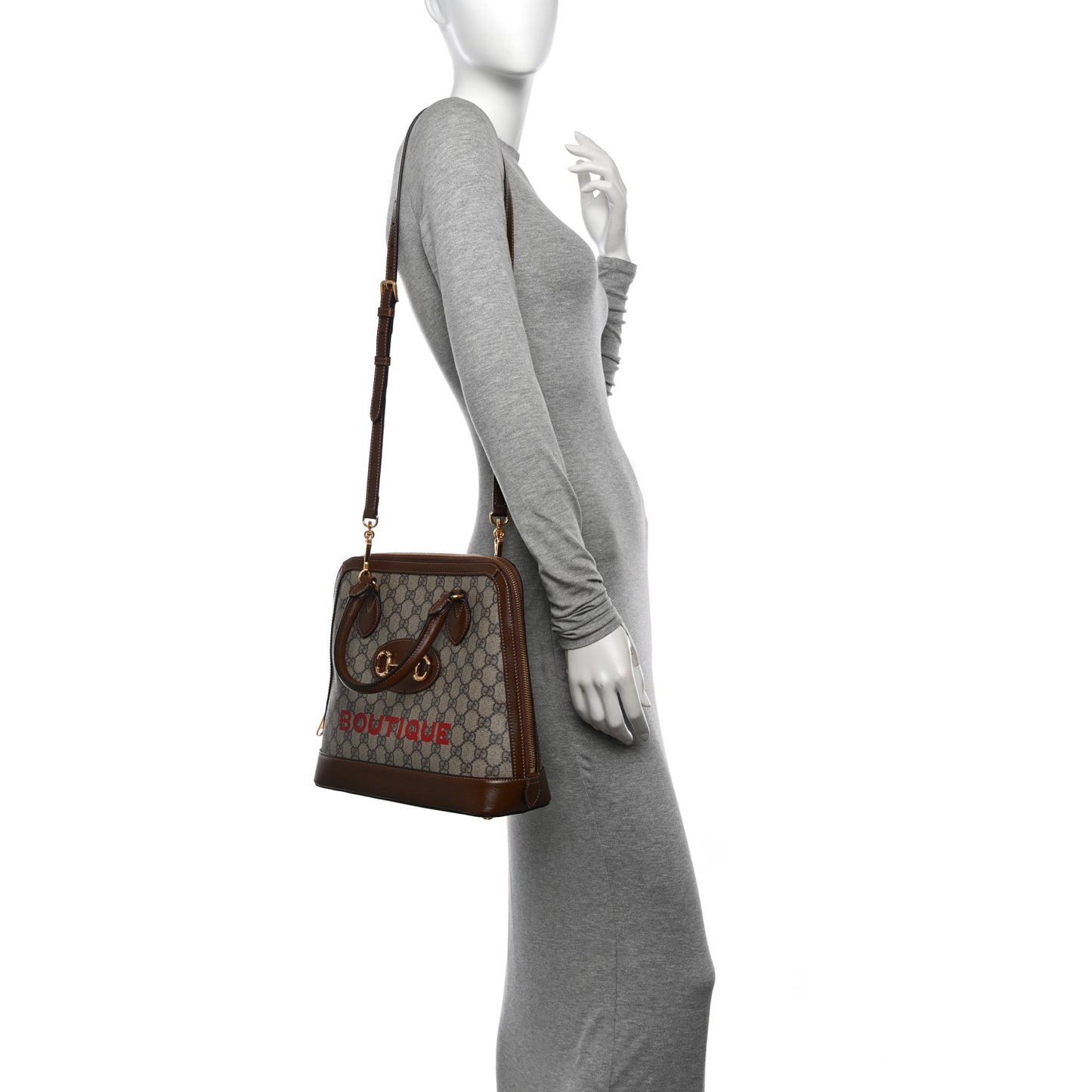 GG Supreme Monogram Azalea Calfskin Boutique Horsebit 1955 Top Handle Bag Beige Ebony Brown Sugar