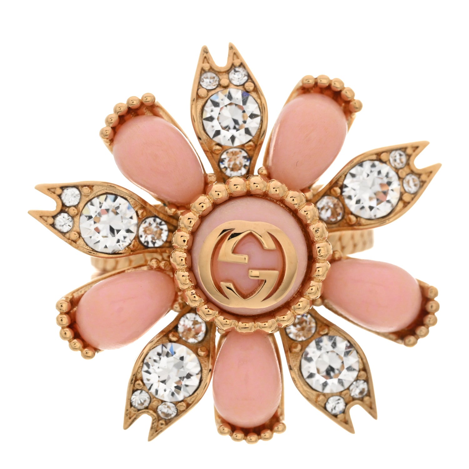 Gucci Metal Crystal Resin Flower Ring 53 6.25 Gold Pink 1 of 8