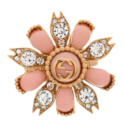 Gucci Metal Crystal Resin Flower Ring 53 6.25 Gold Pink 1 of 8