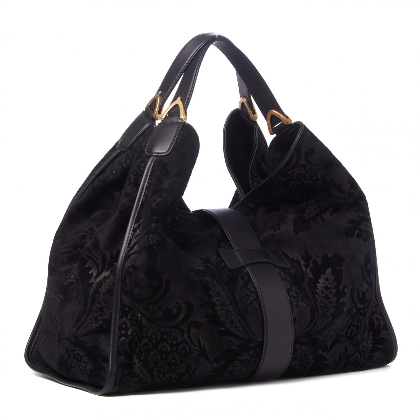 Nubuck Brocade Large Soft Stirrup Shoulder Bag Black