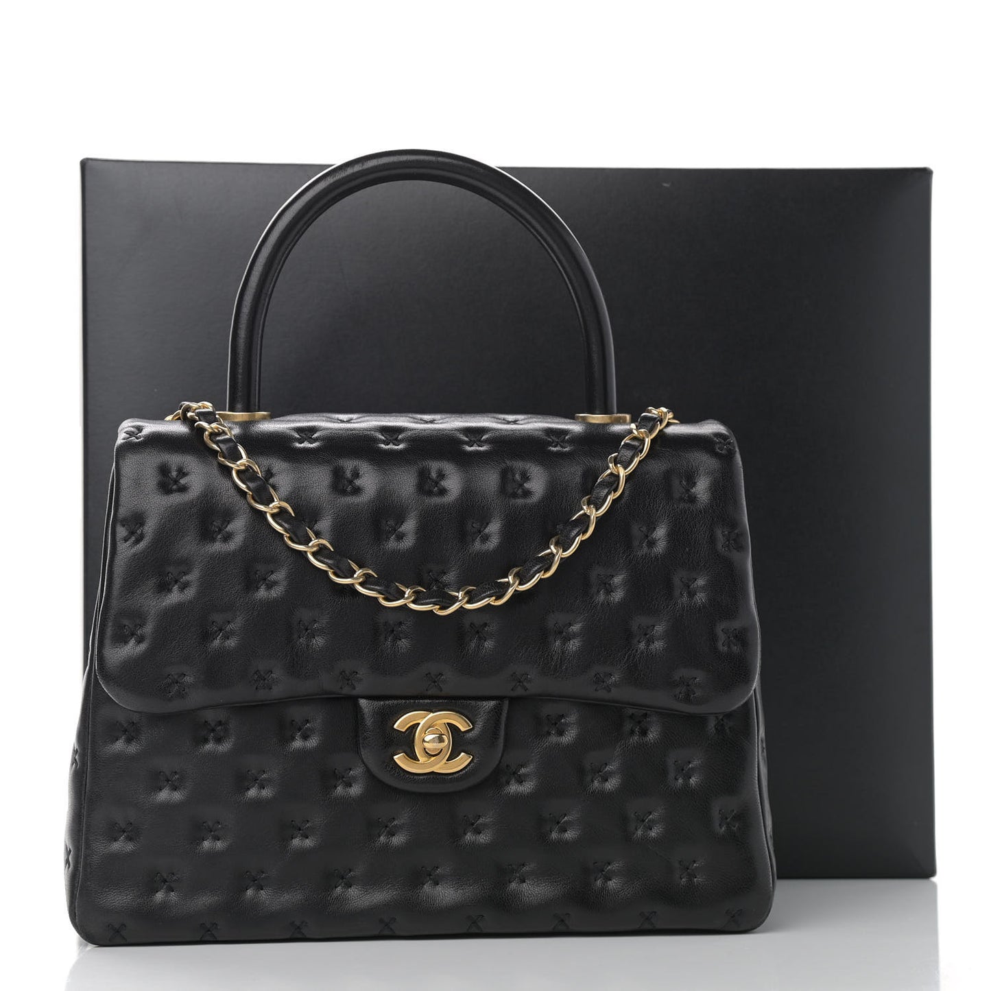 Lambskin Cross Stitch Small Coco Handle Flap Dark Black