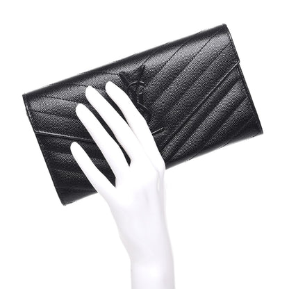 Saint Laurent Grain De Poudre Matelasse Chevron Monogram Flap Wallet Black 2 of 8