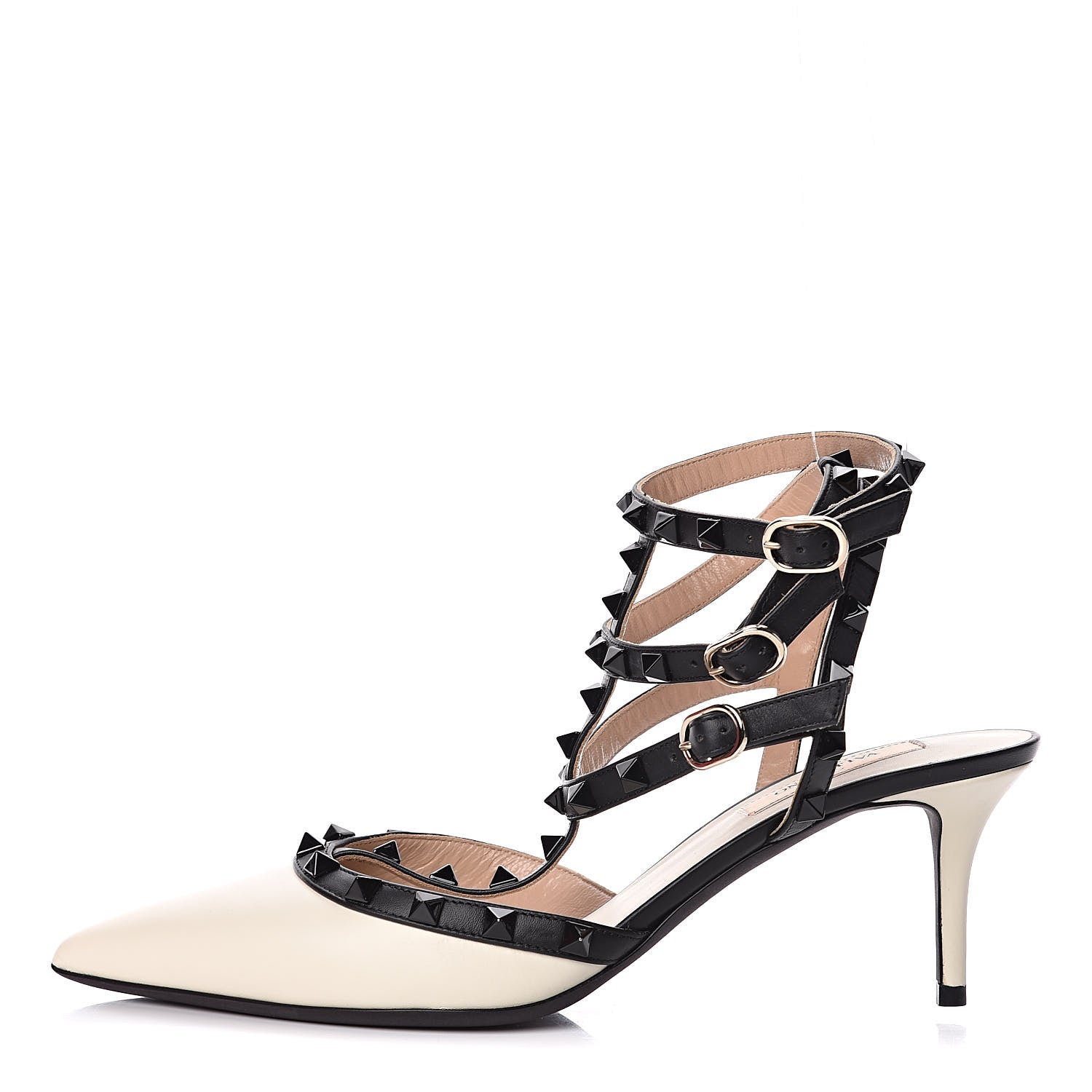 Valentino Garavani Calfskin Rockstud Ankle Strap 65mm Pumps 39.5 Light Ivory Black 1 of 8