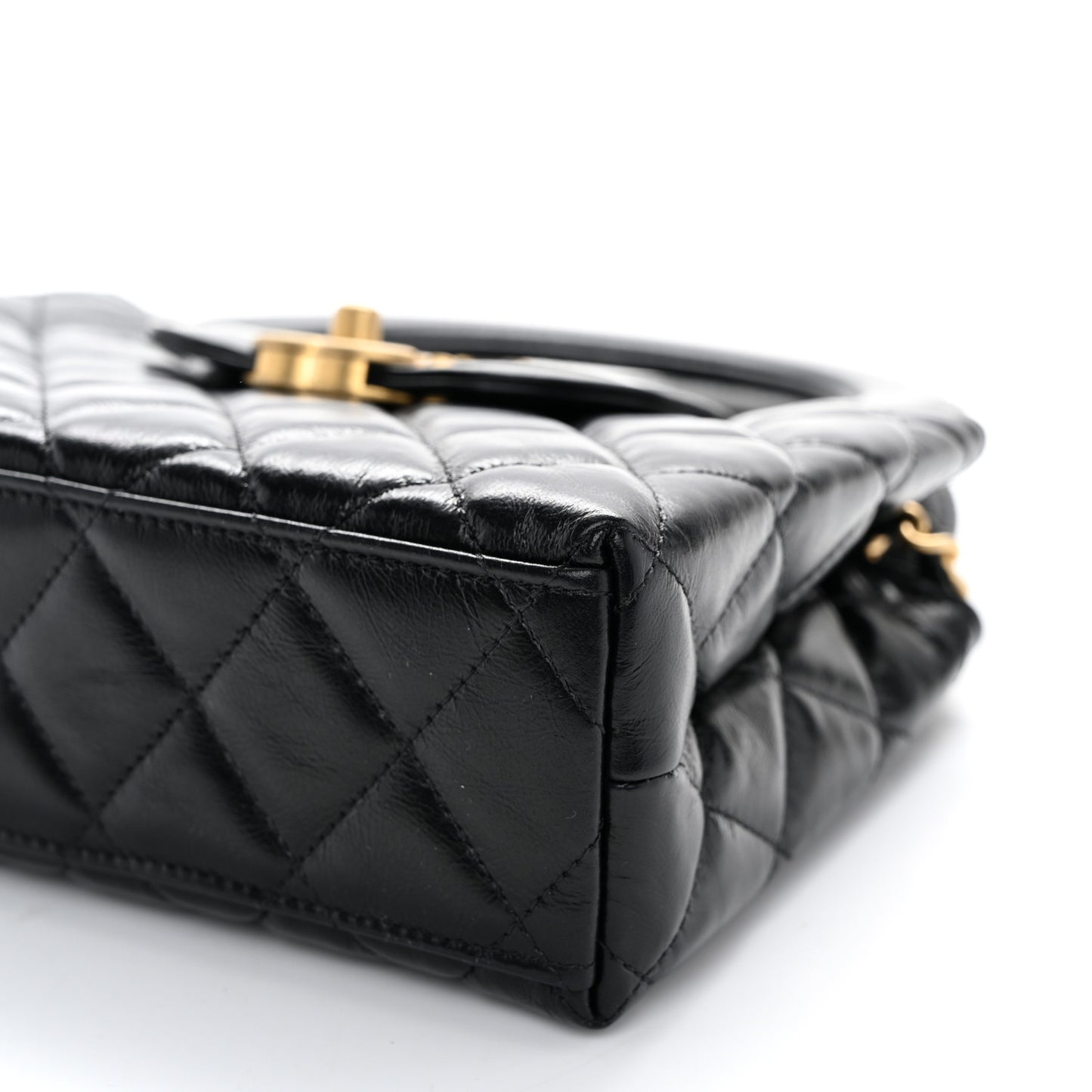 Shiny Aged Calfskin Quilted Nano Kelly Shopper Black