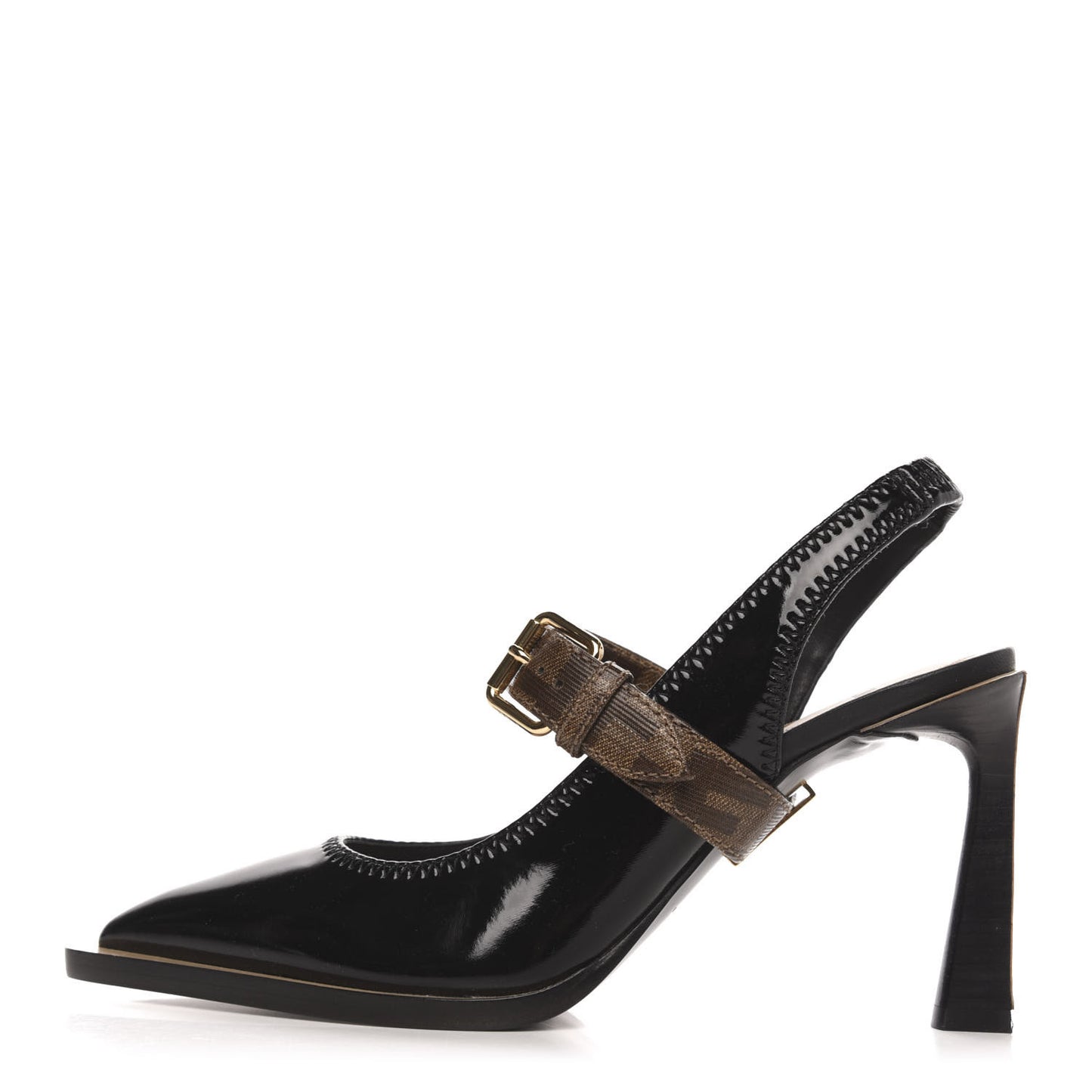 Glossy Neoprene Glazed Fabric FF FFrame Court Mary Jane Slingback Pumps 37 Black Tobacco Moro