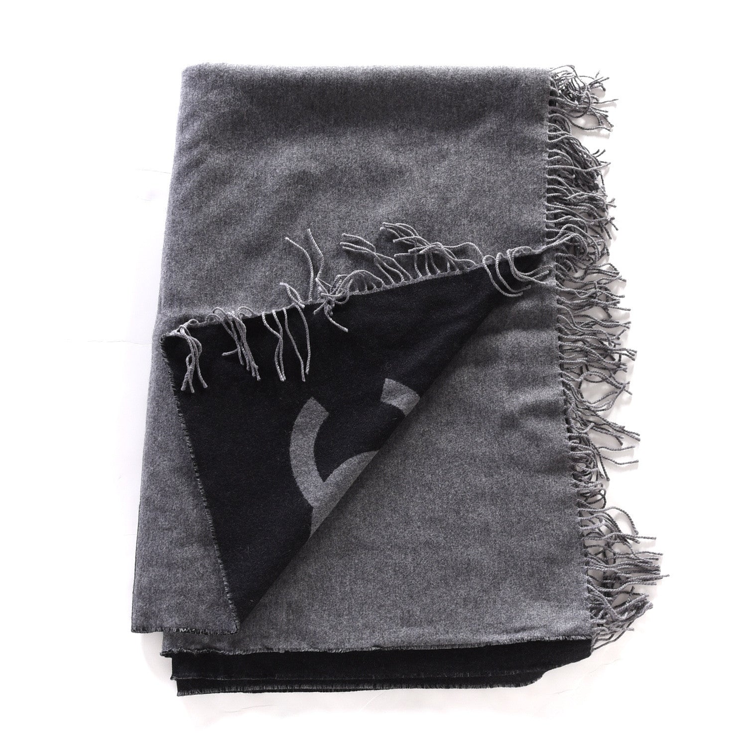 Chanel Merino Wool Cashmere CC Reversible Fringe Blanket Black Gray 2 of 3