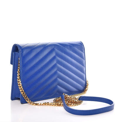 Saint Laurent Grain De Poudre Matelasse Chevron Monogram Envelope Chain Wallet Blue Majorelle 3 of 17