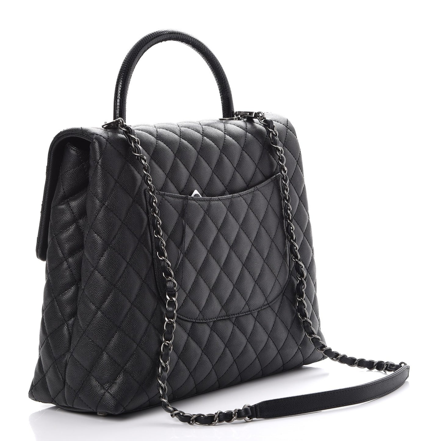 Caviar Lizard Quilted Large Coco Handle Flap Black