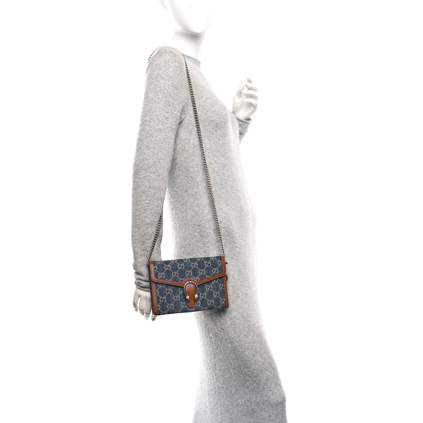New Denim GG Monogram Dollar Calfskin Enamel Mini Dionysus Chain Wallet Blue Tea Cuir Epilog Electric Blue