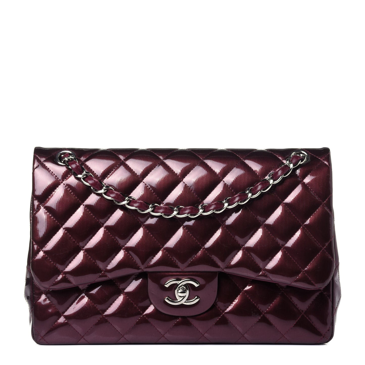 Striated Patent Quilted Jumbo Double Flap Burgundy