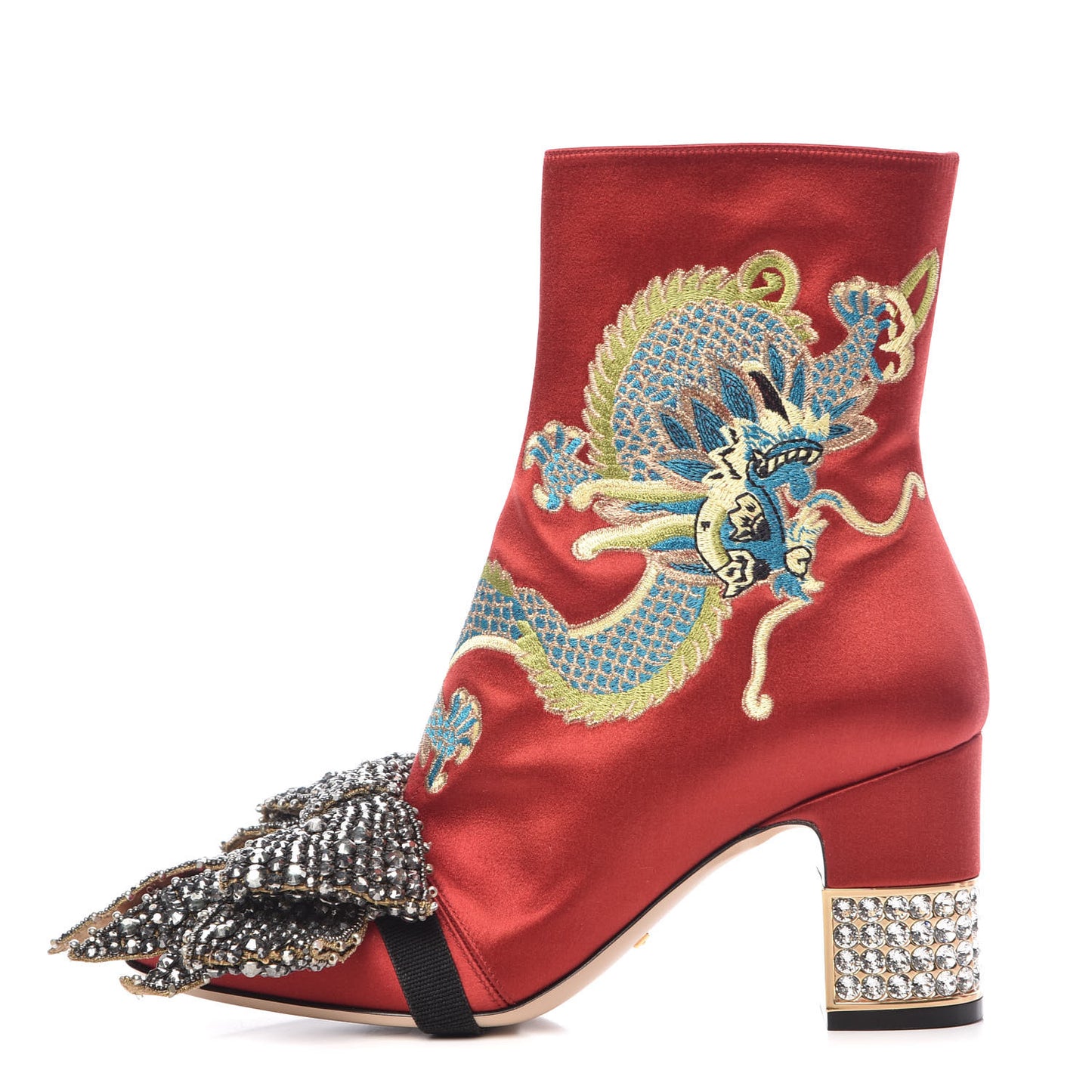 Silk Satin Malaga Kid Embroidered Candy Dragon Block-Heel Ankle Boot 36 Red