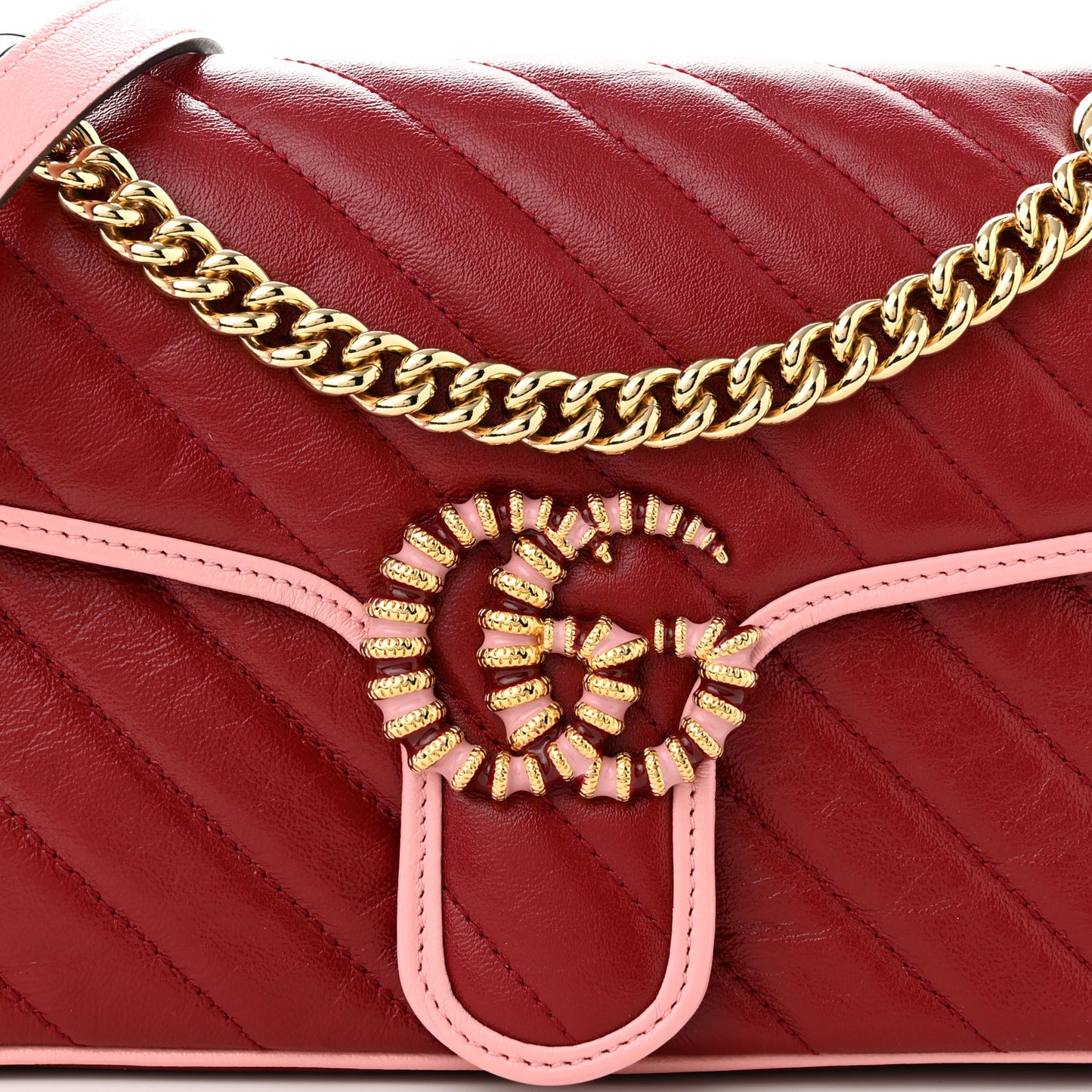 Azalea Calfskin Enamel Matelasse Diagonal Small Torchon GG Marmont Shoulder Bag New Cherry Red Wild Rose