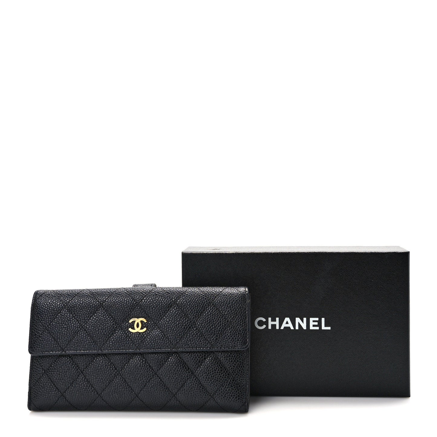 Caviar Quilted Long Flap Wallet Black