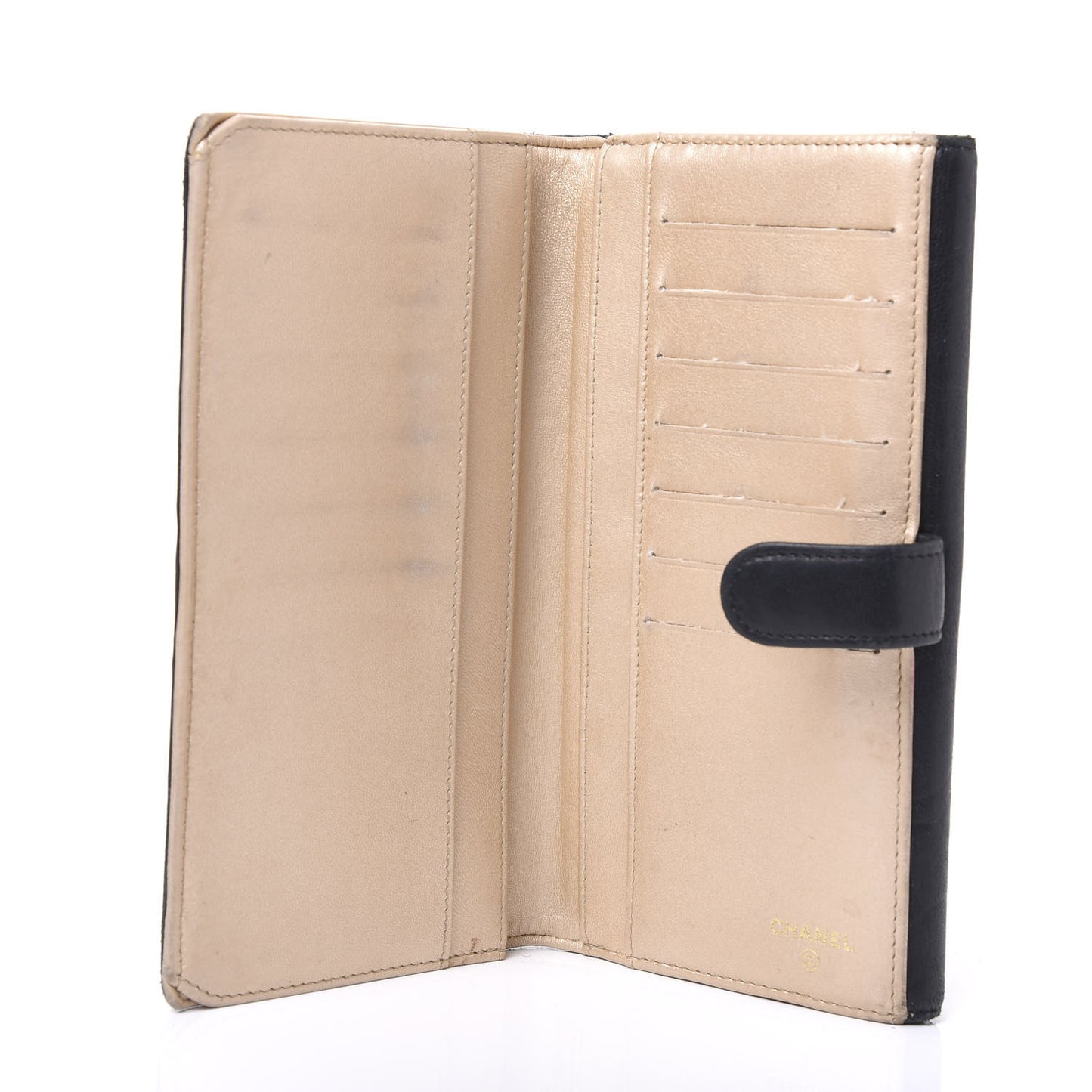 Lambskin Camellia Embossed Long Double Wallet Black